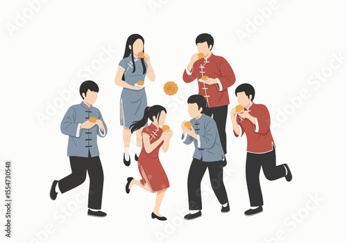 Flat Illustration Reunion Gathering Celebration Chinese New Year People Eating Dumpling