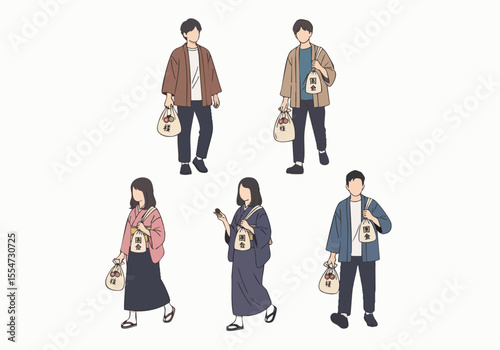 Minimalist Handdrawn People Carrying Omamori Amulet Illustration Asset Pack