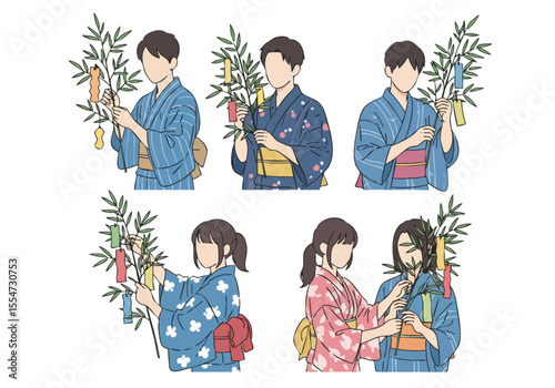 Illustration Handdrawn People Celebrate Tanabata Festival with Kimono in Summer Season