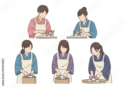 Flat Illustration Group of People Making Japanese Rice Ball Food