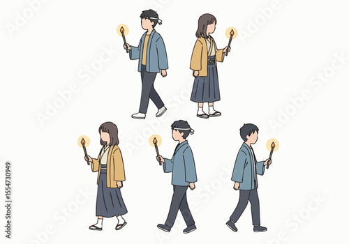Minimalist Lineart People Carrying Light Stick Illustration in Hand Drawn Style