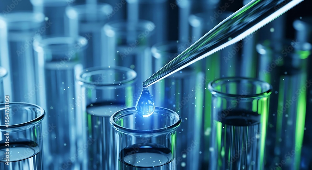 Pipette dispensing blue liquid into test tubes; scientific research, medical technology, laboratory experiment, cool blue tone Pipette dispensing blue liquid into test tubes; scientific research, medical technology, laboratory experiment, cool blue tone