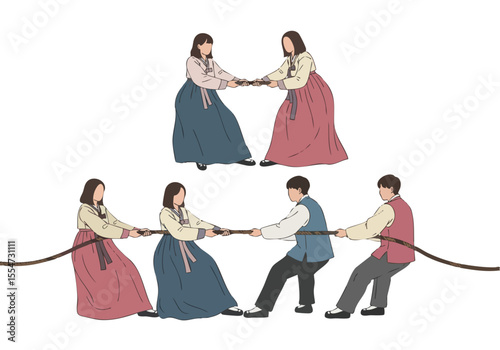 Flat Style Korean People Play Tug of War Traditional Game Illustration