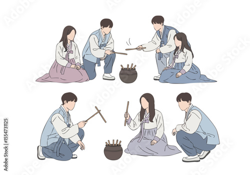 Minimalist Handdrawn Korean Tradition People Playing Yut Nori Game Illustration