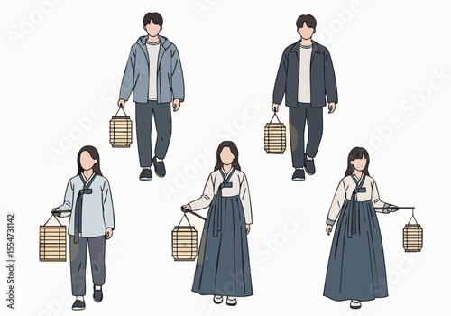 Handdrawn Korean Traditional Costume Character Illustration Set with Lantern and Modern Style