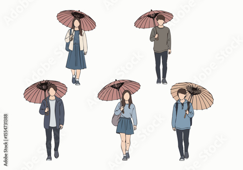 Simple Doodle Style Person with Umbrella Character Set Fashion Illustration