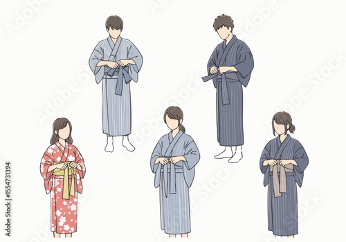 Simple Line Art Yukata Fashion Illustration, Traditional Japanese Clothing People