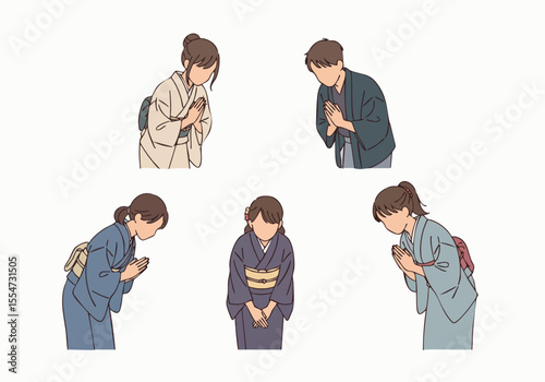 Flat Illustration Japanese People Wearing Kimono Bowing Showing Respect and Gratitude