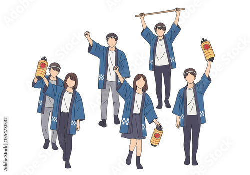 Minimalist Handdrawn People Wearing Traditional Japanese Festival Costume Illustration