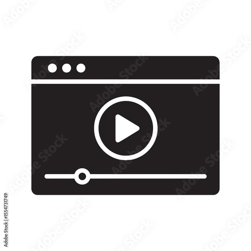 Online video player window icon for a web browser showing a tutorial or webinar with a progress bar for digital media streaming content vector solid glyph icon