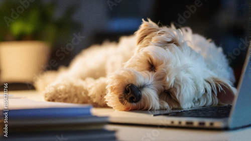 Sleeping dog resting on laptop at home in evening light  