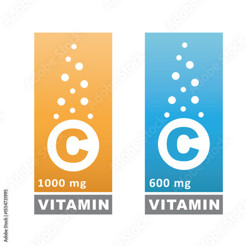 Vitamin C orange and structure. Pill vitamins complex - icon, vector, label.
