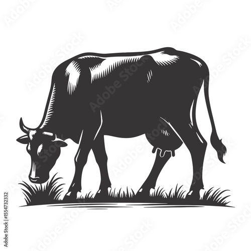 Black vector silhouette of a grazing cow perfect for farm graphics livestock illustrations and rural artwork