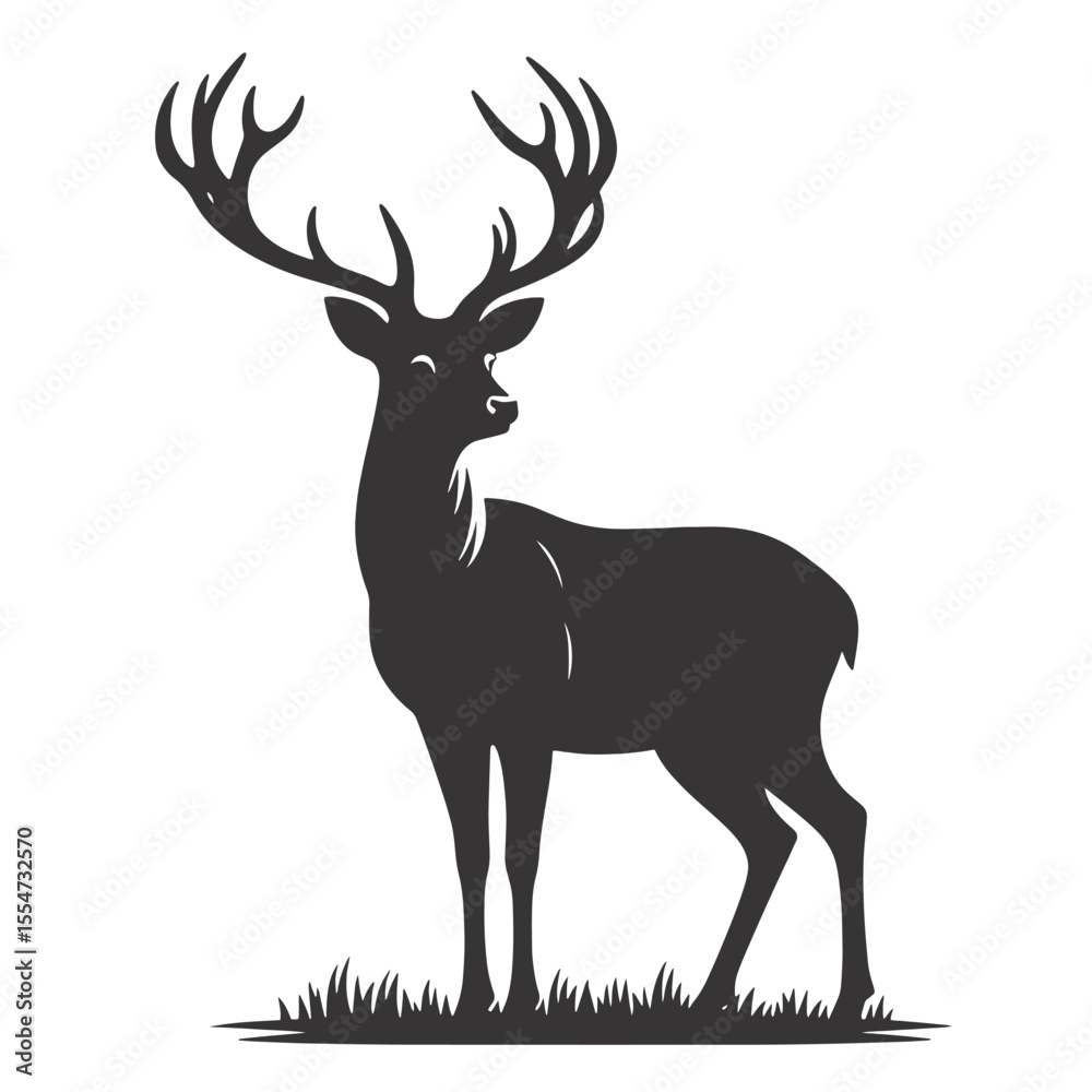 Obraz premium Black Vector Deer Silhouette with Antlers – Woodland Wildlife Graphic for Forest Art, Hunting Decor, and Outdoor Design Themes