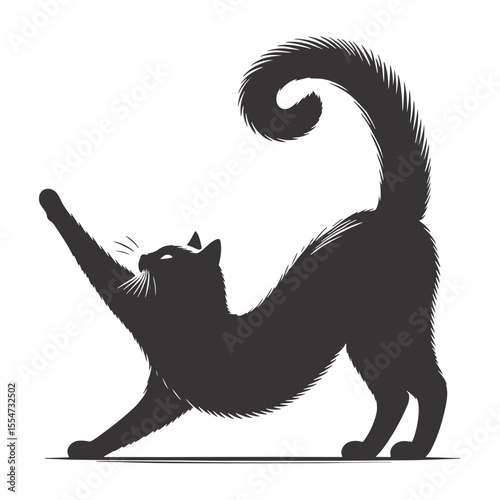Stretching cat silhouette in black vector ideal for cozy pet art yoga graphics and feline themed projects