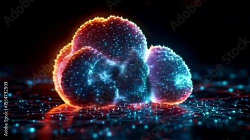 Glowing cloud-like formation of particles, vibrant orange and blue hues, digital art, abstract.