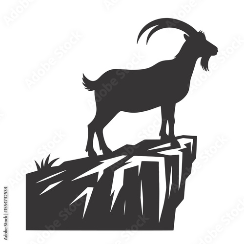Goat silhouette standing on cliff black vector for mountain wildlife art farm graphics and nature illustrations