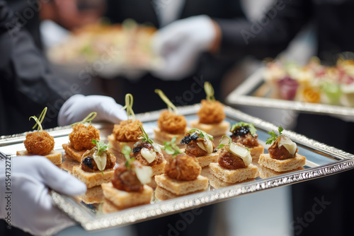close-up of catering staff holding a silver tray with bite-sized appetizers
