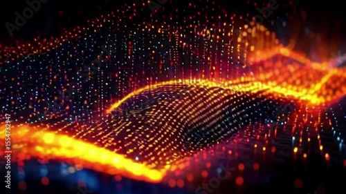 Abstract digital landscape with glowing orange and blue particles forming waves and patterns.