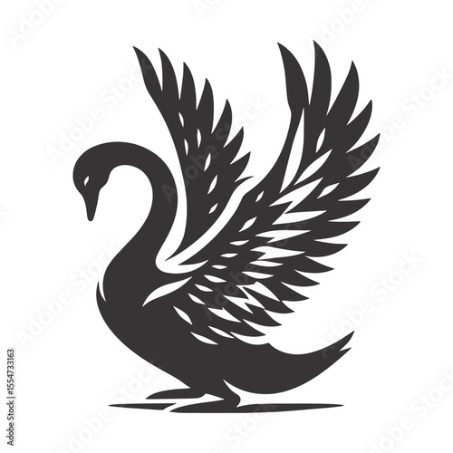 Swan silhouette with wings up black vector for bird graphics wedding art and peaceful nature themed prints