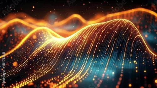 Abstract digital landscape of glowing orange and blue particles forming undulating hills.