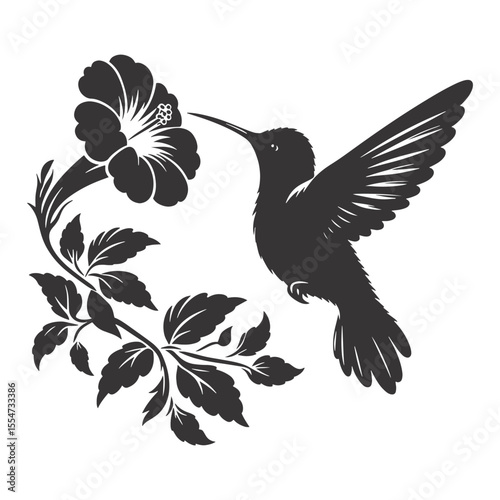 Hummingbird silhouette perched black vector for floral art bird graphics and garden nature designs