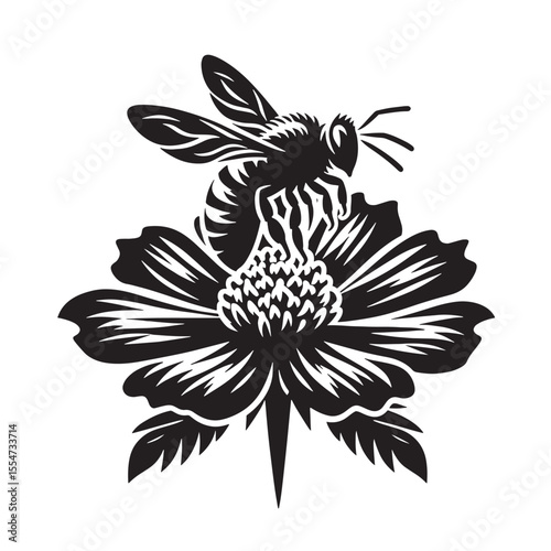 Bee silhouette on flower black vector for pollinator art garden designs and insect clipart