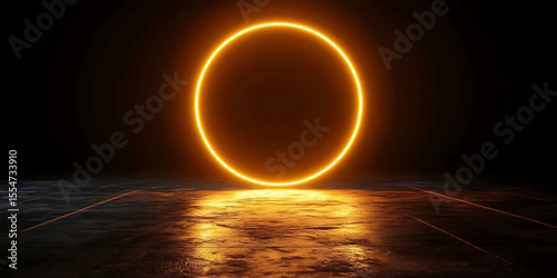 Glowing orange circle with reflective surface in dark room abstract background futuristic sci fi concept for technology presentation and banner design elegant high quality