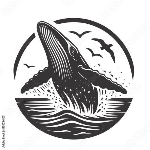 Breaching whale silhouette black vector for marine wildlife art ocean clipart and aquatic designs