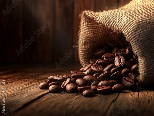 Fresh coffee beans on dark wood background