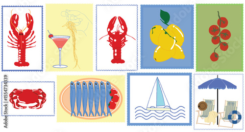 vector set of amalfi stamp sticker print, wall art print vector travel postcard stamp.