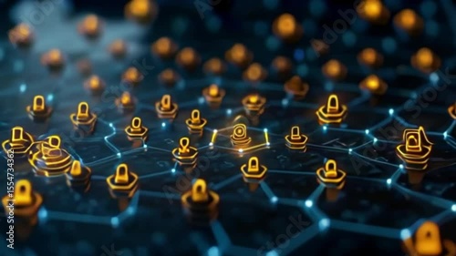 Abstract network graphic of interconnected golden lock and person icons.
