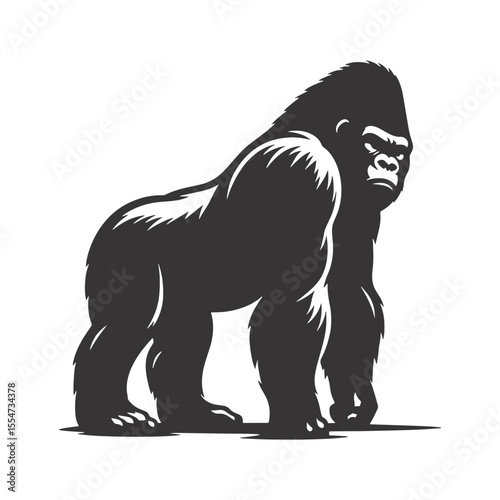 Standing Upright Gorilla Silhouette Black Vector for Wildlife Art, Jungle Graphics, and Animal Clipart