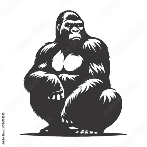 Sitting gorilla silhouette black vector for jungle wildlife art animal clipart and nature designs