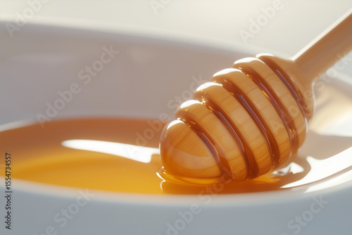 Natural honey in white bowl with wooden stick