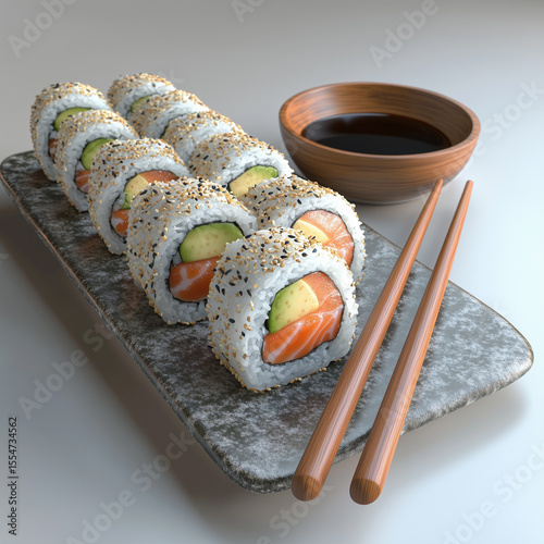 Japanese cuisine featuring salmon avocado sushi