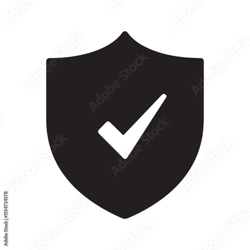 Security shield icon with a check mark representing protection safety and a guarantee for data privacy and network system insurance vector solid glyph icon