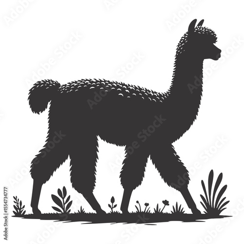 Black vector walking alpaca silhouette for farm designs animal clipart rustic nature illustrations and wildlife graphics