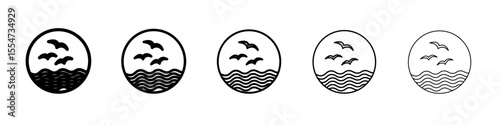 Sea with seagull icon flat simple outline logo