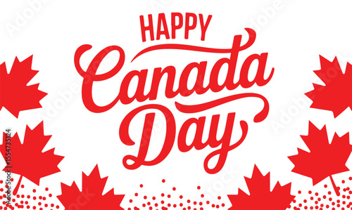 Festive "Happy Canada Day" Banner with Red Calligraphy and Maple Leaf Border
