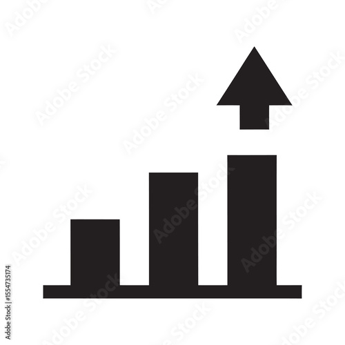 Upward bar chart icon with a growing arrow representing business success financial growth and increased profit from a positive investment vector solid glyph icon