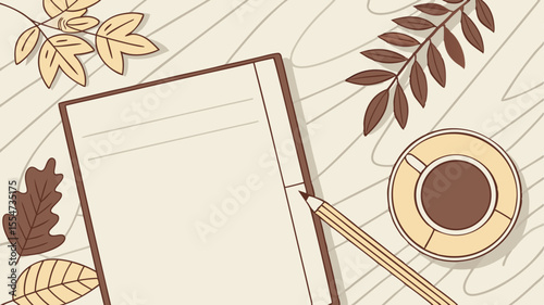 Illustration of a blank notebook with pencil, leaves, and coffee cup on wooden background scene setting