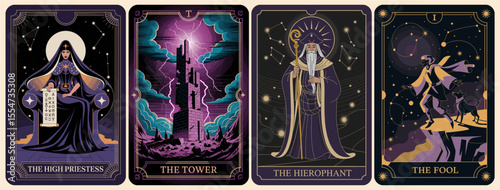 Vector set of vintage tarot cards. The High Priestess, The Hierophant, The Tower, and The Fool. Mystical, symbolic illustrations perfect for spiritual and esoteric designs.