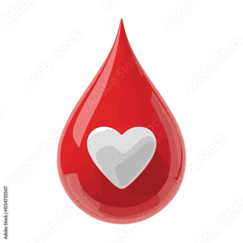  Red Blood Drop with White Heart, Medical and Donation Symbol