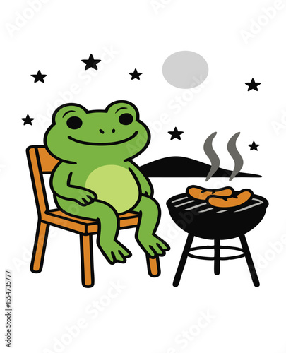 A cartoon frog sitting on chair cooking grill enjoy night view vector art on white background