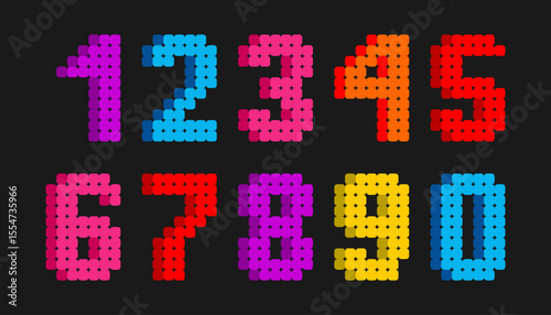 Bright pixel bead numbers 0 to 9 in colorful style. Fun and vibrant digital number set for educational, craft, or kid-themed design projects.