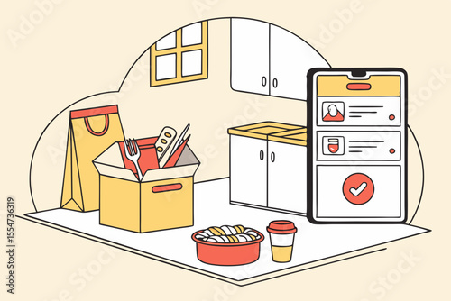 Online food delivery with kitchen setup and takeaway packaging concept