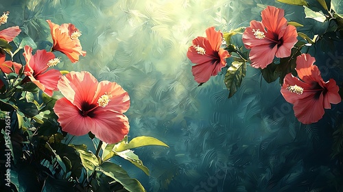 Vibrant Hibiscus Flowers in Artistic Impressionist Style Painting Lush Green Foliage Teal Background