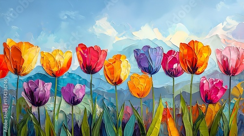 Vibrant Colorful Tulips Blooming in Spring Landscape Impasto Painting Art