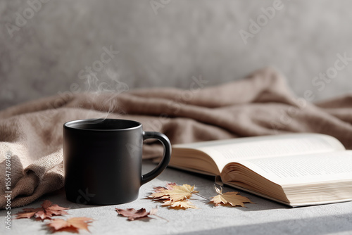 Autumn leaves and cozy reading setup